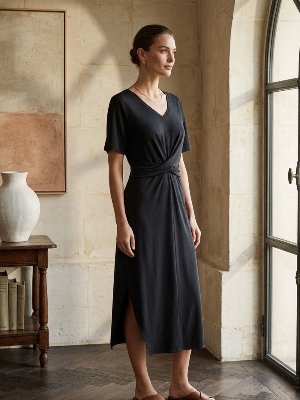 Morena Rosa Black V-Neck Twist Waist Midi Dress - Size P (US S) - 100% Cotton